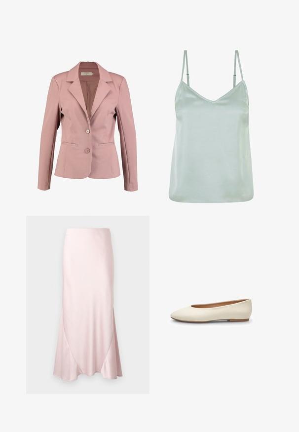 Blazer rosa claro con cuello en pico, diseño de un solo botón, dos botones y dos bolsillos frontales. Tela suave con un ligero brillo.; Camiseta de satén verde claro con tirantes finos ajustables y escote en V, con una textura suave y un corte holgado.; Falda midi de satén color rosa claro con una silueta en línea A y sutiles detalles de costuras diagonales sobre un fondo liso.; Bailarina de cuero blanco con punta redondeada, diseño minimalista, textura suave y perfil bajo, con una delgada suela marrón.