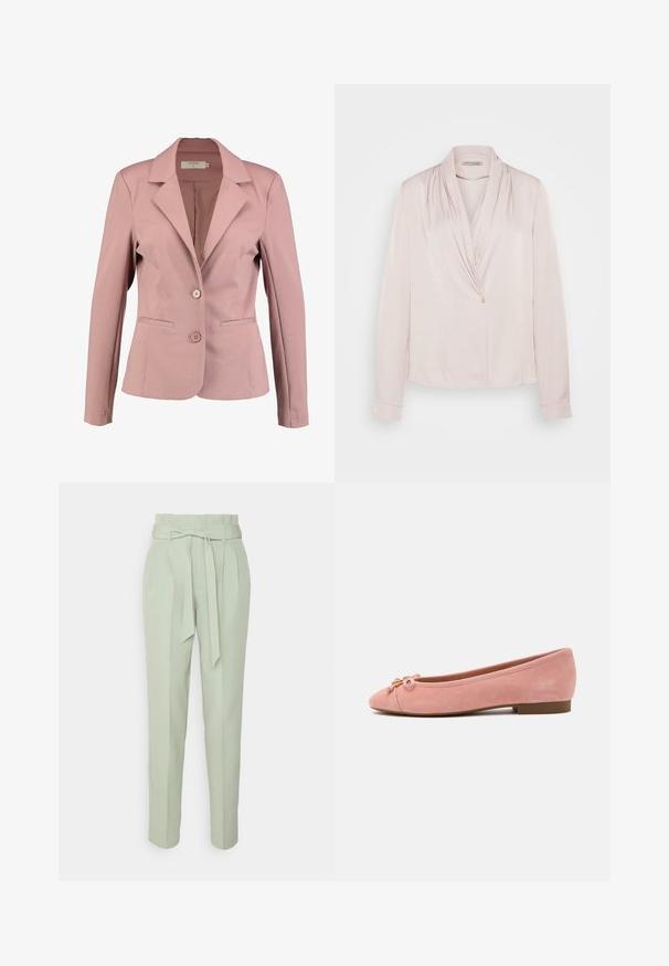 Helle rosa Blazer mit Reverskragen, einreihigem Design, zwei Knöpfen und zwei Fronttaschen. Glattes Material mit leichtem Glanz.; Helle rosa Bluse mit langen Ärmeln, drapiertem Ausschnitt, glatter Textur und einem einzigen Knopfverschluss an der Vorderseite. Weicher Stoff, lockere Passform.; ONLY Tall ONLSURI ELLY LIFE PANT - Stoffhose - desert sage; Weiche rosa Wildleder-Ballerinas mit kleiner Schleife und goldenem Akzent an der abgerundeten Spitze, niedrigem Absatz und glatter Sohle.