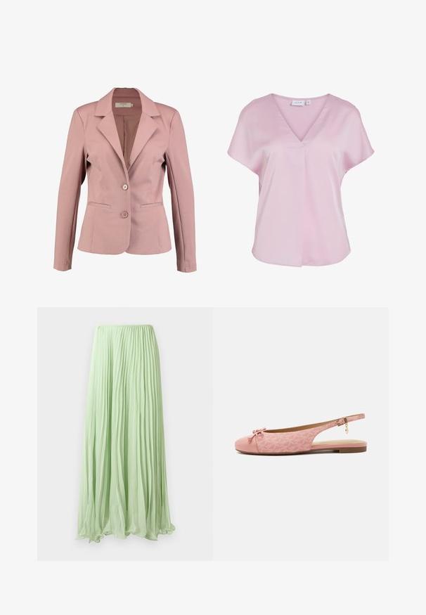 Blazer rosa claro con cuello en pico, diseño de un solo botón, dos botones y dos bolsillos frontales. Tela suave con un ligero brillo.; Blusa rosa claro de manga corta con escote en V y corte suelto, hecha de tela suave, con un pequeño detalle de pliegue en la parte delantera.; Falda larga plisada verde claro con tela fluida y cinturilla elástica, exhibida contra un fondo blanco.; Zapato rosa plano tipo slingback con tejido texturizado, lazo en la puntera redondeada, tira en el tobillo con hebilla dorada y encanto, y suela baja marrón.