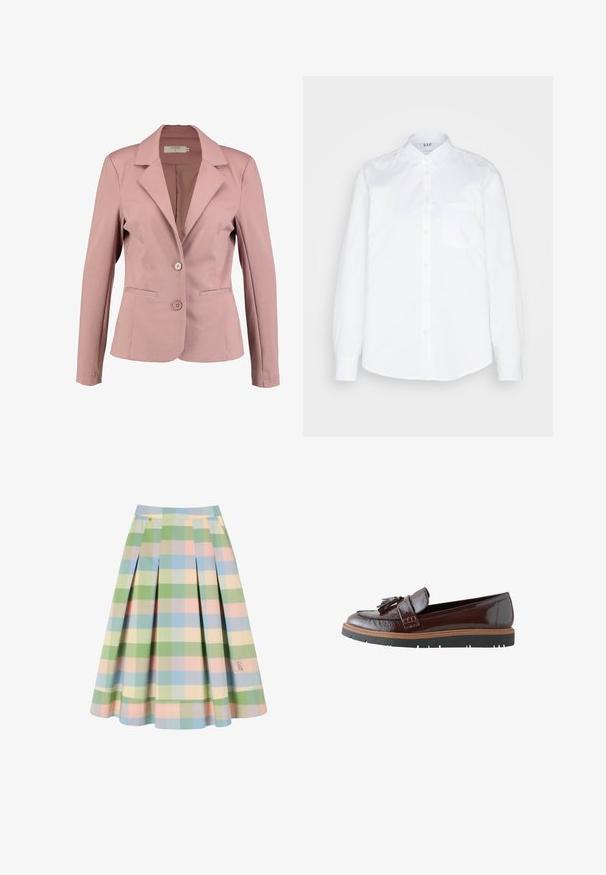Lys rosa blazer med krave, enknap design, to knapper og to forlommer. Glat stof med let glans.; GAP CLASSIC SHIRT - Skjortebluser - optic white; Plisseret midi-nederdel med ternet mønster i pastelgrøn, blå, pink og creme, med en lille broderet tegneseriefigur nær kanten.; Skinnende mørkebrune læderloafer med kvaster, tan-syning og sort gummisål, vist fra siden på en hvid baggrund.