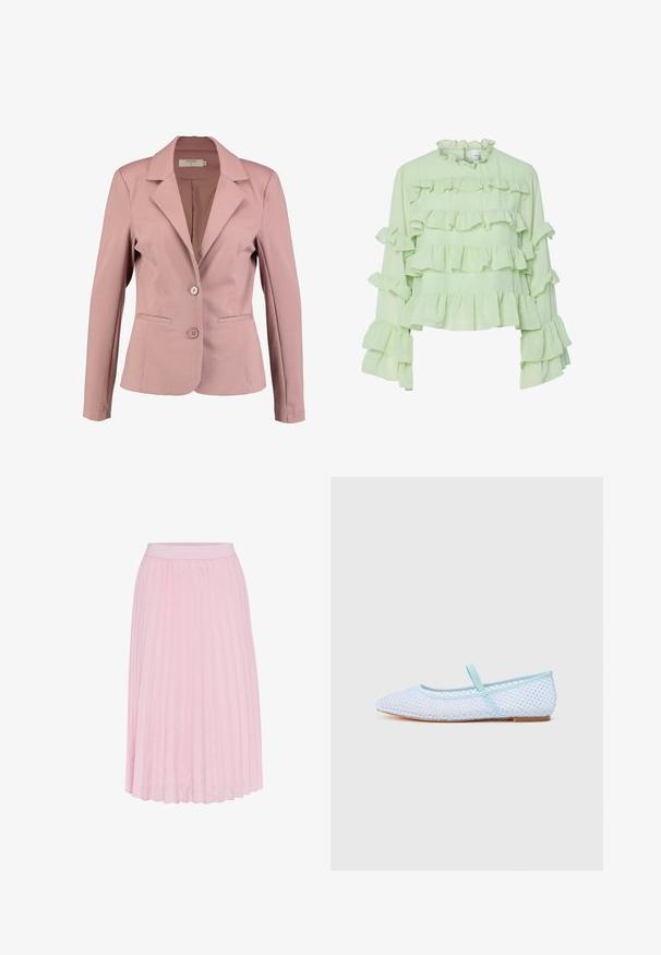 Blazer rosa claro con cuello en pico, diseño de un solo botón, dos botones y dos bolsillos frontales. Tela suave con un ligero brillo.; Blusa verde clara con múltiples capas de volantes en el cuerpo y las mangas. Tejido suave con un alto collar con volantes y mangas largas y acampanadas.; Falda midi plisada en rosa claro, con una amplia cinturilla elástica y una textura suave. Los plisados se extienden desde la cintura hasta el dobladillo.; Bailarinas de malla azules con una correa fina y superficie texturizada. Punta redonda, suela ligera y un patrón intrincado en la parte superior.