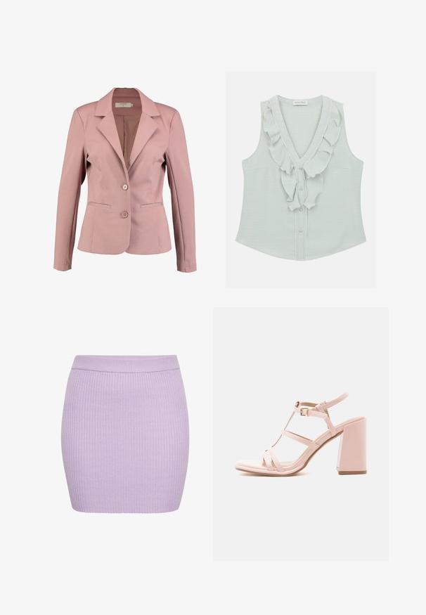Helle rosa Blazer mit Reverskragen, einreihigem Design, zwei Knöpfen und zwei Fronttaschen. Glattes Material mit leichtem Glanz.; Helles mintgrünes ärmelloses Oberteil mit V-Ausschnitt, das eine geraffte Vorderseite und einen Knopfverschluss aufweist, aus weichem Stoff mit glatter Textur.; Hellvioletter, gerippter Strick-Minirock mit elastischem Bund, figurbetonter Silhouette und einfachem strukturiertem Muster.; Rosa High-Heel-Sandale mit Blockabsatz, Knöchelriemen, Schnallenverschluss und mehreren dünnen Riemchen über dem Fuß.
