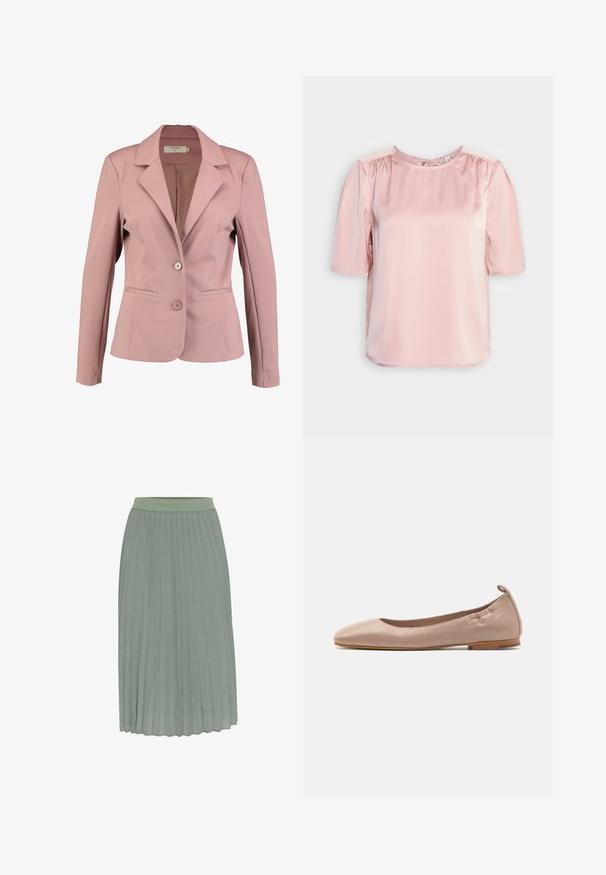 Blazer rose clair avec un col cranté, design à un bouton, deux boutons, et deux poches avant. Tissu lisse avec un léger éclat.; ONLY ONLESTA - Blouse - rose smoke; Jupe midi plissée en tissu vert tendre avec une taille élastique. Présente des plis verticaux pour ajouter de la texture et du mouvement.; Ballerines en cuir beige avec un bout rond, texture douce, arrière élastiqué et un petit talon en caoutchouc beige. Design simple et épuré.