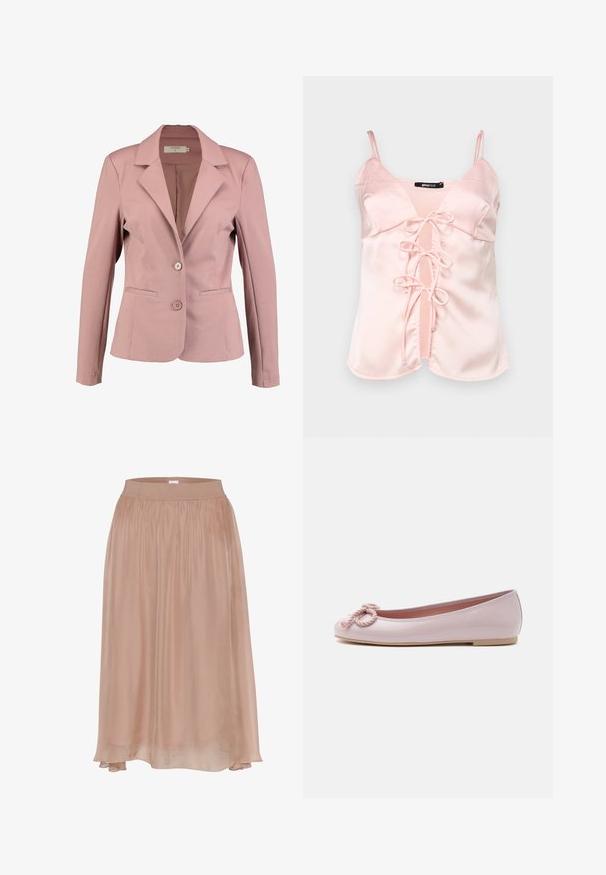 Helle rosa Blazer mit Reverskragen, einreihigem Design, zwei Knöpfen und zwei Fronttaschen. Glattes Material mit leichtem Glanz.; Rosa Satin-Camisole mit verstellbaren Spaghetti-Trägern, ausgestattet mit einer vorderen Bindeschleife mit Schlaufen und einem V-Ausschnitt-Design. Glatte Textur und klare Linien.; Hellrosa, fließender Rock aus weichem Stoff mit einem elastischen Bund. Besitzt einen geraden Schnitt und einen etwas längeren hinteren Saum.; Hellrosa Ballerina aus Lackleder mit abgerundeter Spitze, gedrehter Kordelschleife vorne und flacher beiger Sohle auf weißem Hintergrund.