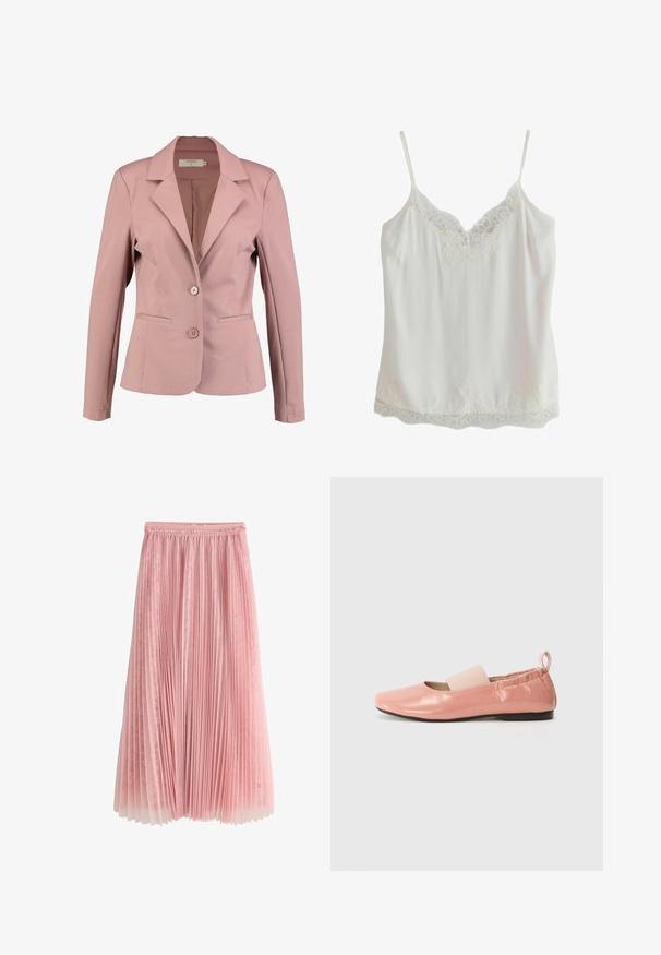 Blazer rosa claro con cuello en pico, diseño de un solo botón, dos botones y dos bolsillos frontales. Tela suave con un ligero brillo.; Camisola sin mangas blanca con tirantes finos y adorno de encaje en el escote y el dobladillo, hecha de tela suave.; Falda midi plisada rosa con una capa inferior de encaje y cinturilla fruncida, mostrada sobre un fondo blanco.; Bailarinas sintéticas rosas con un acabado brillante, punta cuadrada y una suave banda elástica en el empeine. Suela de goma negra y una lengüeta en la parte trasera.