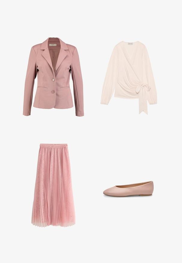 Helle rosa Blazer mit Reverskragen, einreihigem Design, zwei Knöpfen und zwei Fronttaschen. Glattes Material mit leichtem Glanz.; Oberteil aus weichem, hellrosa Stoff. Mit langen Ärmeln, einem Bindeband in der Taille und sanften Drapierungen an der Vorderseite.; Rosa plissierter Midirock mit einer Spitzenunterlage und einem gerafften Taillenbund, dargestellt auf einem weißen Hintergrund.; Rosa Leder-Ballerina mit spitz zulaufender Zehenpartie, glatter Textur, minimalen Akzenten und einer durchgehenden hellbraunen Sohle. Einfaches Design, ohne Verzierungen.