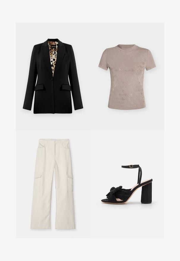 Sort blazer med skræddersyet design, enkelt knaplukning, to forlommer og leopardmønsterfor. Glat stof og struktureret form.; Lysebrun top med korte ærmer og høj hals, med et subtilt diamantmønster og blanke blomstermotiver foran.; Creme cargo bukser lavet af tekstureret stof, med to sidelommer, lige ben-design og en tætsiddende talje med forlukning.; Sort hæl-sandal med en tekstureret, plisseret stofoverdel. Har et knyttet design foran og en kraftig blokhæl. Justerbar ankelrem.