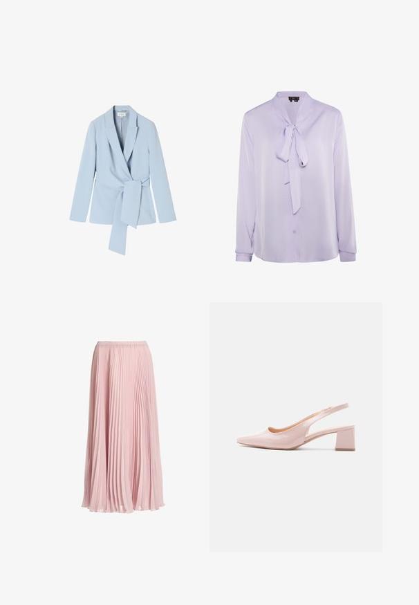 Lyseblå blazer lavet af glat stof, med sjalskrave, lange ærmer og en knyttet talje detalje for et tætsiddende look.; Lavendelbluse med bindebånd i halsen, lange ærmer og knaplukning. Glat stof med en let glans, der har minimalistiske design detaljer.; Mellemlang, lyst lyserød plisseret nederdel med elastisk talje, lavet af let, flydende stof.; Pink laklæder slingback-pumpe med spids tå og en lav, firkantet blokhæl, med en glat, skinnende finish.