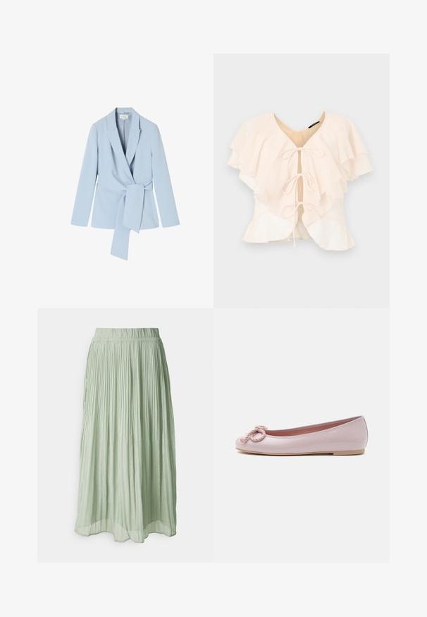Helles blaues Blazer aus glattem Stoff, mit einem Schalkragen, langen Ärmeln und einem gebundenen Taillendetail für eine figurbetonte Passform.; Helles rosa Bluse mit geschichteten Rüschen, V-Ausschnitt und drei Schleifen vorne. Weicher Stoff und fließendes Design.; Faltiger Midirock aus leicht grünem Stoff mit weicher Textur. Elastischer Taillenbund, fließendes Design und subtiler Glanz.; Hellrosa Ballerina aus Lackleder mit abgerundeter Spitze, gedrehter Kordelschleife vorne und flacher beiger Sohle auf weißem Hintergrund.