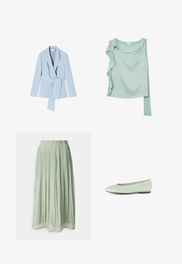 Lichtblauwe blazer van gladde stof, met een schalkraag, lange mouwen en een strikdetail in de taille voor een getailleerde uitstraling.; Lichtblauwe mouwloze blouse met een asymmetrische ruches op één schouder en een verlengd stuk stof aan de tegenovergestelde zijde.; Geplooide midi rok van lichtgroene stof met een zachte textuur. Elastische tailleband, vloeiende uitstraling en subtiele glans overal.; Licht mintgroene leren ballerina met een ronde neus, minimalistisch ontwerp en een platte zool, met een gladde textuur en zonder versieringen.