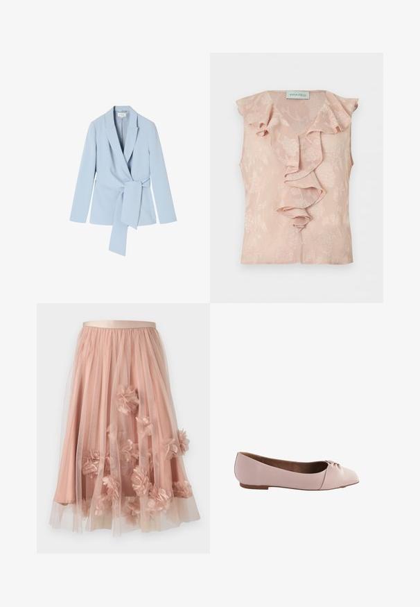 Blazer azul claro hecho de una tela suave, con cuello chal, mangas largas y un detalle de cintura atada para un ajuste ceñido.; Blusa sin mangas de color rosa pálido con estampado floral jacquard y detalle de volantes en cascada a lo largo del delantero y escote.; Falda de tul en rosa suave con cinturilla de satén. Cuenta con tela transparente en capas y apliques florales tridimensionales por toda la prenda.; Zapato de ballet en color rosa claro, hecho de un material suave, con punta redonda y un pequeño detalle en forma de nudo en la parte superior. Suela plana.