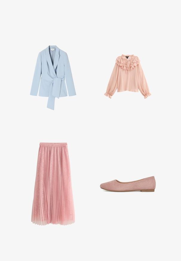 Lyseblå blazer lavet af glat stof, med sjalskrave, lange ærmer og en knyttet talje detalje for et tætsiddende look.; Bluse i lys pink med en flæsekrave, lange puffede ærmer med elastiske manchetter og en bindebånddetalje ved halsudskæringen. Glat stofstruktur.; Rosa plisseret midi-nederdel med et lag af blonder under og en rynket talje, vist på en hvid baggrund.; Rosa ruskindsballetsko med rund tå, minimalistisk design og en lille hæl. Teksturoverflade med en glat inderside.
