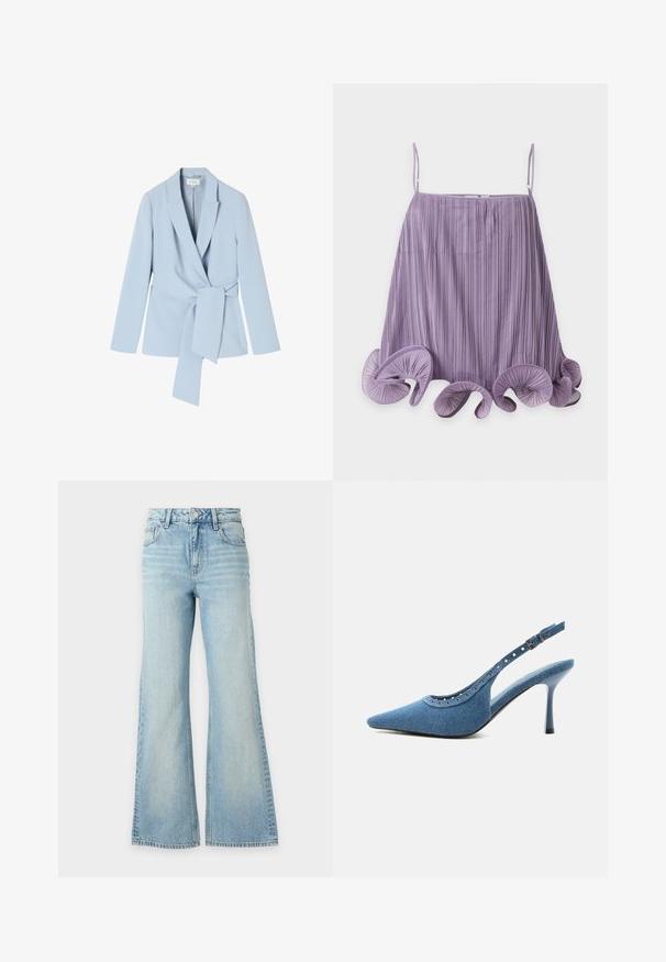 Blazer azul claro hecho de una tela suave, con cuello chal, mangas largas y un detalle de cintura atada para un ajuste ceñido.; Top sin mangas plisado color lavanda con tirantes finos y dobladillo rizado con volantes sobre un fondo blanco liso.; Vaqueros de mezclilla azul claro con cintura alta y piernas anchas, con bolsillos delanteros y traseros y cierre de botones.; Zapato de tacón alto con puntera puntiaguda, trasera tipo slingback en denim azul con detalles de ojales plateados y correa ajustable con hebilla.