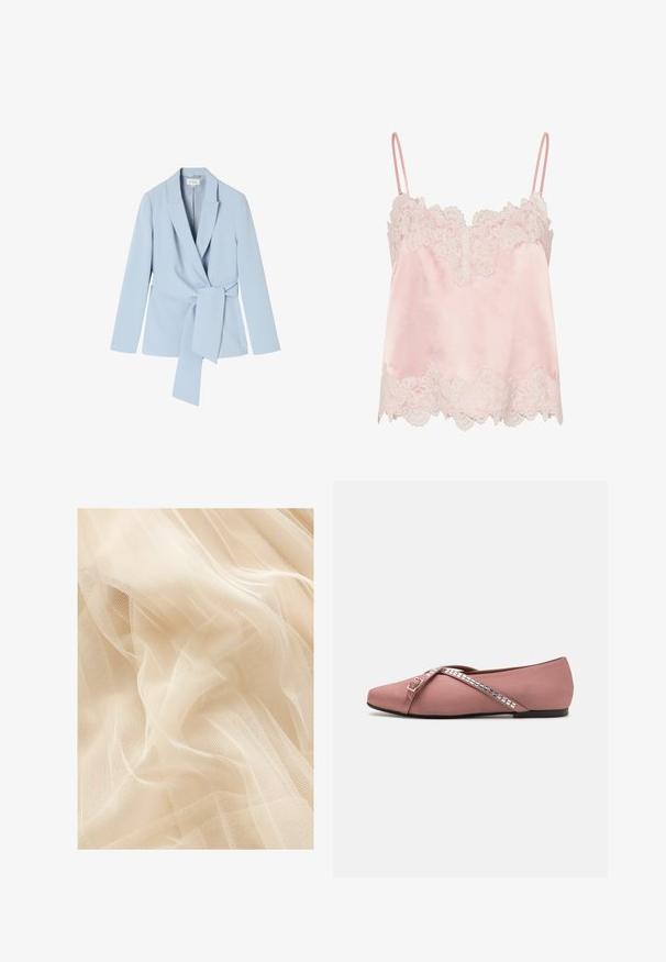 Lichtblauwe blazer van gladde stof, met een schalkraag, lange mouwen en een strikdetail in de taille voor een getailleerde uitstraling.; Lichtroze satijnen hemdje met witte kanten afwerking langs de halslijn en zoom, met dunne verstelbare schouderbandjes.; Lichtbeige tule stof met een zachte, doorschijnende textuur, met een fijne gaasweving die zachte golven en plooien creëert.; Ballet flats in zacht rozen satijn met een kruisbandontwerp versierd met vierkante zilveren accenten en een ronde neus. Lage zwarte zool.