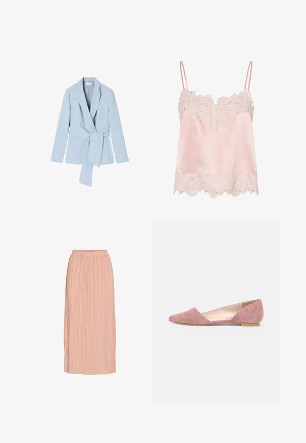 Blazer azul claro hecho de una tela suave, con cuello chal, mangas largas y un detalle de cintura atada para un ajuste ceñido.; Camisola de satén rosa claro con ribete de encaje blanco a lo largo del escote y el dobladillo, con tirantes finos y ajustables.; Falda midi plisada de color rosa claro con cintura elástica, silueta recta y finos pliegues verticales sobre fondo blanco.; Bailarinas de ante en rosa suave, con diseño fácil de poner, punta puntiaguda y parte trasera abierta con detalles angulares. Suela plana.