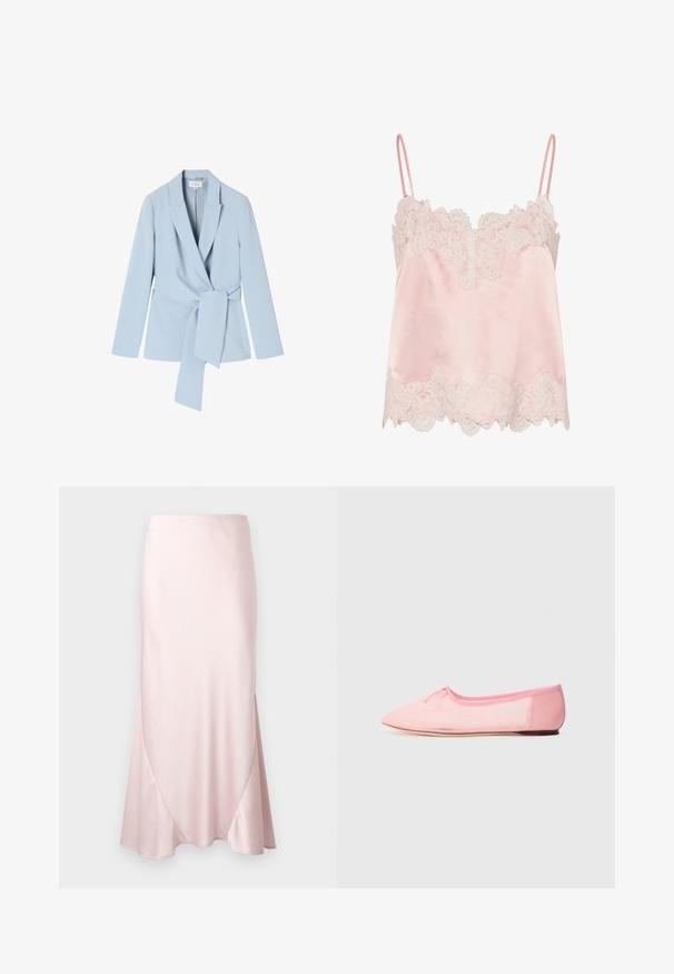Lyseblå blazer lavet af glat stof, med sjalskrave, lange ærmer og en knyttet talje detalje for et tætsiddende look.; Lyserød satin camisole med hvid blondekant langs halsudskæring og kant, med tynde justerbare skulderstropper.; Lyserød satin midi-nederdel med A-formet silhuet og fine diagonale sømdetaljer på en ensfarvet baggrund.; Lyserød balletflad med blødt stof, præget af spidse tå og en lille sløjfedetalje på overdelen, samt en lav og fleksibel sål.