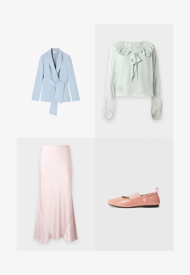 Lyseblå blazer lavet af glat stof, med sjalskrave, lange ærmer og en knyttet talje detalje for et tætsiddende look.; Lys grøn bluse med rynket halsudskæring, bånddetalje og lange ærmer. Fremstillet af blødt, flydende stof med samlede manchetter.; Lyserød satin midi-nederdel med A-formet silhuet og fine diagonale sømdetaljer på en ensfarvet baggrund.; Lyserøde syntetiske flade sko med en skinnende overflade, firkantet tå og et blødt elastikbånd hen over vristen. Sort gummisål og bageste trækflap.