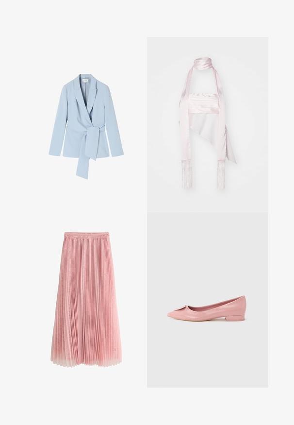 Blazer azul claro hecho de una tela suave, con cuello chal, mangas largas y un detalle de cintura atada para un ajuste ceñido.; Bufanda de satén rosa con un diseño largo, que presenta bordes con flecos y un lazo delgado. La textura suave y la forma drapeada realzan su elegancia.; Falda midi plisada rosa con una capa inferior de encaje y cinturilla fruncida, mostrada sobre un fondo blanco.; Bailarina plana de charol rosa con punta puntiaguda, con un pequeño lazo en el empeine y un tacón bajo y cuadrado.