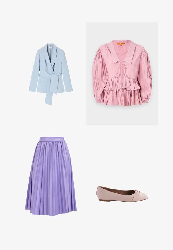 Lichtblauwe blazer van gladde stof, met een schalkraag, lange mouwen en een strikdetail in de taille voor een getailleerde uitstraling.; Stine Goya PLEATED BALLOON SLEEVE TIE - Blouse - pink nectar; Plissérok van licht lavendelkleurige stof met een gladde tailleband. Bevat verticale plooien die naar de zoom lopen, waardoor volume en beweging ontstaan.; Lichtroze balletflat gemaakt van glad materiaal, met een ronde neus en een klein geknoopt detail op de bovenkant. Platte zool.