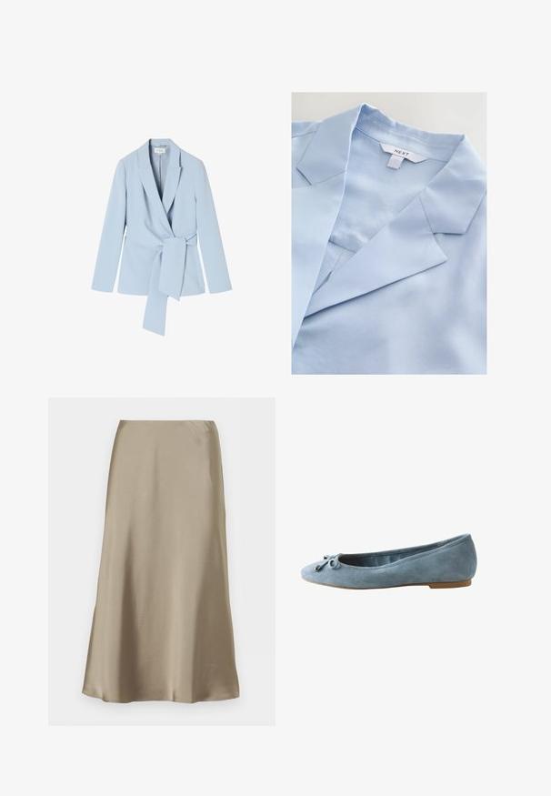 Lyseblå blazer lavet af glat stof, med sjalskrave, lange ærmer og en knyttet talje detalje for et tætsiddende look.; Lyseblåt, glat stof med en indhakningskrave og kravepind. Beklædningen har en blød glans, der fremhæver dens strukturerede, men afslappede design.; Beige satin midi-nederdel med en glat, flydende tekstur og høj talje, vist mod en hvid baggrund.; Lyseblå ruskind balletflat med rund snude, lille dekorativ sløjfe og flad tan sål, vist fra siden på hvid baggrund.