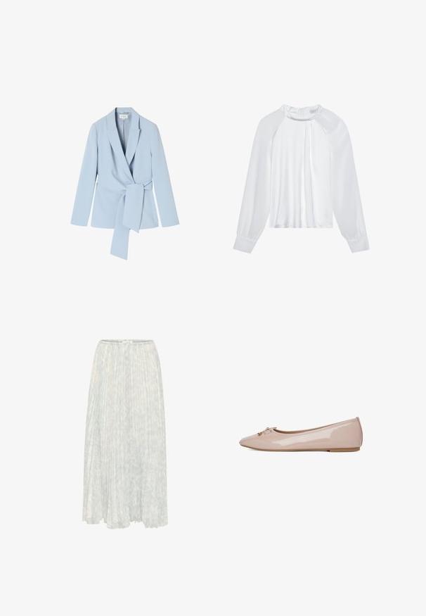 Lichtblauwe blazer van gladde stof, met een schalkraag, lange mouwen en een strikdetail in de taille voor een getailleerde uitstraling.; Witte satijnen blouse met lange mouwen, ronde halslijn en geplooide voorkant. Heeft een rits aan de achterkant en aansluitende manchetten. Gladde textuur.; Gelaagde midi-jurk in lichtblauw met een textuurachtig, abstract patroon; elastische tailleband. Gemaakt van zachte, lichte stof.; Jenny FLATS BALLERINAS - Ballerina's - beige