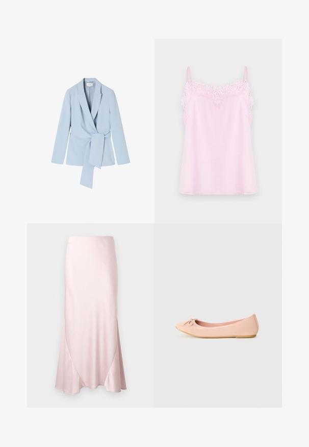 Lyseblå blazer lavet af glat stof, med sjalskrave, lange ærmer og en knyttet talje detalje for et tætsiddende look.; Lyserød camisole med justerbare stropper, der har en delikat spidskant langs udskæringen og en glat, blød stofoverflade.; Lyserød satin midi-nederdel med A-formet silhuet og fine diagonale sømdetaljer på en ensfarvet baggrund.; Ballet flade sko i lys pink syntetisk materiale med en rund tå, der har en lille sløjfedetalje og en fleksibel sål.