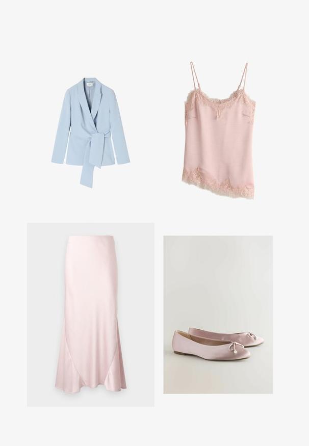 Lichtblauwe blazer van gladde stof, met een schalkraag, lange mouwen en een strikdetail in de taille voor een getailleerde uitstraling.; Lichtroze satijnen hemdje met bloemige kanten afwerking aan de halslijn, zoom en zijkanten, met dunne verstelbare schouderbandjes.; Lichtroze satijnen midi-rok met een A-lijn silhouet en subtiele diagonale naaddetails op een effen achtergrond.; Roze satijnen balletschoenen met een ronde neus, decoratieve strik en parelaccent. Platte zool met een gladde textuur en een laag profiel.