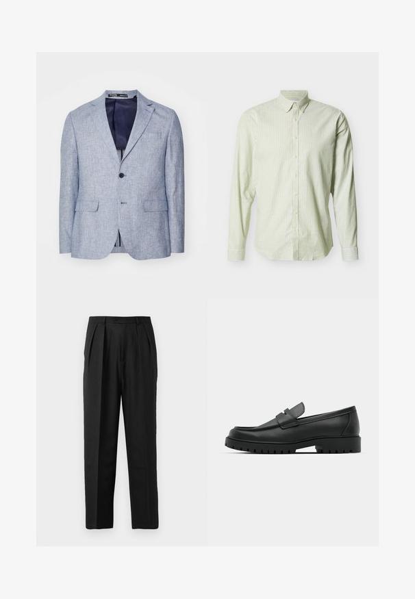 Blazer pour homme en bleu clair texturé avec revers en pointe, deux poches avant à rabat, fermeture à un bouton, et doublure intérieure bleu foncé visible.; Chemise à manches longues boutonnée avec des rayures verticales vert clair et blanches, col boutonné, sur un fond uni.; Pantalons plissés noirs au design sur mesure, confectionnés en tissu lisse, avec une fermeture à bouton et une coupe droite.; Mocassins en cuir noir à bout arrondi, avec un design cousu, une semelle plateforme basse et une semelle en caoutchouc texturée et crantée.