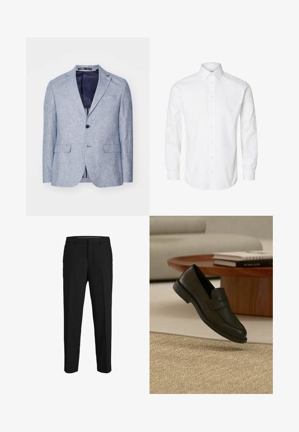 Blazer para hombre de textura azul claro con solapas en muesca, dos bolsillos frontales con solapa, cierre de un solo botón y forro interior azul oscuro visible.; Camisa blanca de manga larga con cuello puntiagudo, botones visibles en la parte delantera y puños abotonados.; Pantalones negros de tela suave, con corte recto, lazos para cinturón y un diseño de frente plano sin patrones ni adornos visibles.; Zapato mocasín de cuero negro mostrado en el aire sobre una alfombra beige tejida, con una mesa de madera y libros apilados en una sala de estar con luz suave.