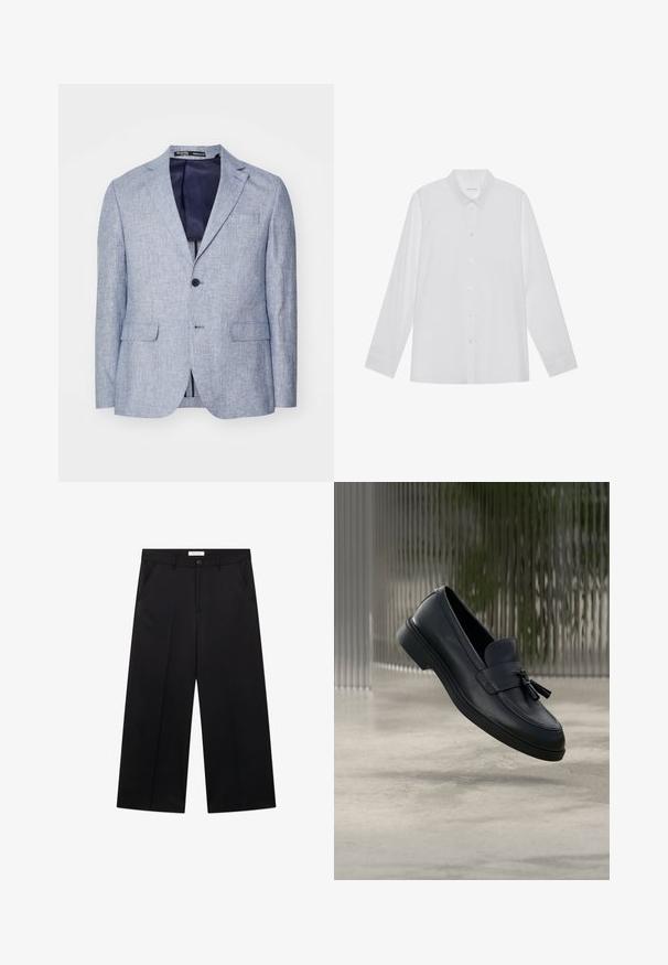 Heller blauer, strukturierten Herrenblazer mit Reverskragen, zwei vorderen Klappentaschen, Ein-Knopf-Verschluss und dunkelblauer Innenauskleidung, die sichtbar ist.; Weiße Langarmbluse aus glattem Stoff, mit spitzem Kragen, Knopfleiste vorne und Ein-Knopf-Manschetten.; Schwarze, weit geschnittene Hose mit Gürtelschlaufen, seitlichen Taschen, vorderer Knopfleiste und Reißverschluss, flach auf weißem Hintergrund präsentiert.; Schwarze Leder-Loafer mit glatter Textur, gerundeter Zehenpartie und dekorativen Quasten vorne. Flexible Gummisohle mit niedrigem Absatz.