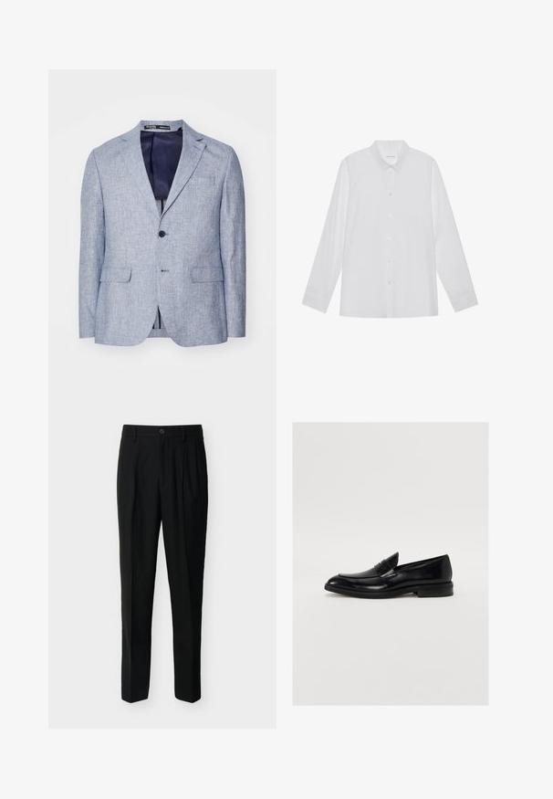 Blazer pour homme en bleu clair texturé avec revers en pointe, deux poches avant à rabat, fermeture à un bouton, et doublure intérieure bleu foncé visible.; Chemise blanche à manches longues en tissu lisse, dotée d'un col pointu, d'une fermeture à boutons sur le devant et de poignets à un bouton.; Pantalon noir taille haute, ajusté, avec passants de ceinture, plis à l'avant, poches latérales et fermeture boutonnée avec zip.; Mocassin en cuir noir avec une pointe arrondie, des coutures discrètes et une finition lisse. Doté d'un talon bas empilé et d'une sangle sur le cou-de-pied.