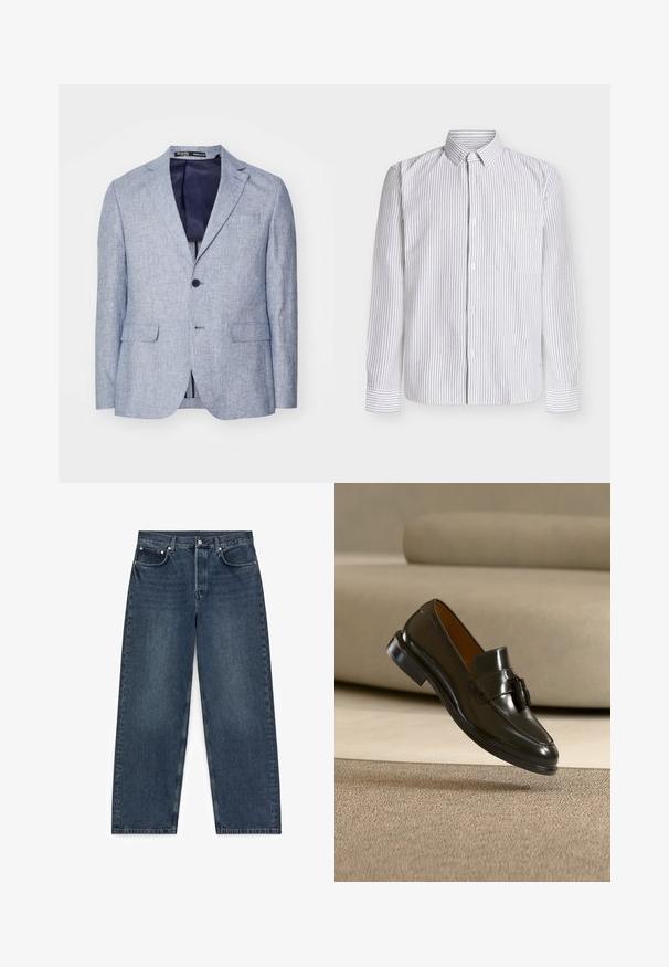 Lichtblauwe textuur herenblazer met notched lapels, twee voorflapzakken, sluiting met één knop en een donkerblauwe voering die zichtbaar is.; Wit shirt met lange mouwen met dunne grijze verticale strepen, een button-down kraag, een borstzakje en mouwen met manchetten. Gemaakt van katoen.; Donkerblauwe spijkerbroek met rechte pijpen, vijf zakken en knoopsluiting, plat gelegd op een witte achtergrond.; Zwarte leren loafer met kwastje zwevend boven een beige tapijt met een beige bank op de achtergrond.