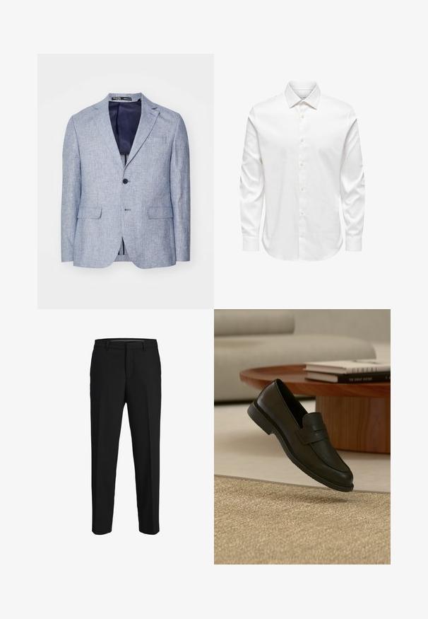 Lichtblauwe textuur herenblazer met notched lapels, twee voorflapzakken, sluiting met één knop en een donkerblauwe voering die zichtbaar is.; Wit herenshirt met lange mouwen, een puntige kraag en een rij witte knopen aan de voorkant op een effen achtergrond.; Zwarte broeken van een gladde stof, met een rechte snit, riemlussen en een platte voorkant zonder zichtbare patronen of versieringen.; Zwarte leren loafer schoen getoond in de lucht boven een beige geweven tapijt, met een houten tafel en gestapelde boeken in een zacht verlichte woonkamer.