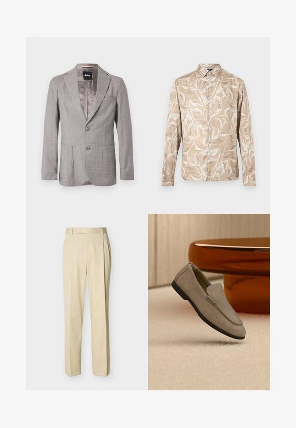 Blazer pour homme cintré gris clair avec revers crantés, deux boutons à l'avant, poches plaquées et doublure intérieure à motifs portant l'étiquette "BOSS".; Chemise beige à manches longues avec boutons sur le devant, motif de vigne feuillue blanche et col pointu.; Pantalon beige à jambe droite avec passants de ceinture et plis sur le devant, sur un fond uni clair.; Mocassin en suède marron clair avec semelle noire, posé sur un tapis beige devant une table circulaire marron réfléchissante contre un mur en bois.