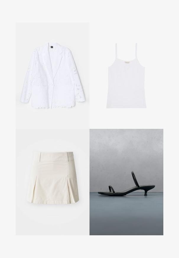 Hvid blazer med blomstret blonderedesign, enkeltknaplukning, spidse klapper, to frontlommer og bølget kantdetalje.; Hvid Calvin Klein dame top med tynde skulderstropper og enkelt, tætsiddende design.; Lys beige bomuldsnederdel med en tætsiddende talje, plisseret design og lige kant, som har en glat tekstur uden synlig hardware.; Sort Calvin Klein sandal med hæl og tynde stropper, balancerende på træfliser udendørs nær en væg og grønne planter.