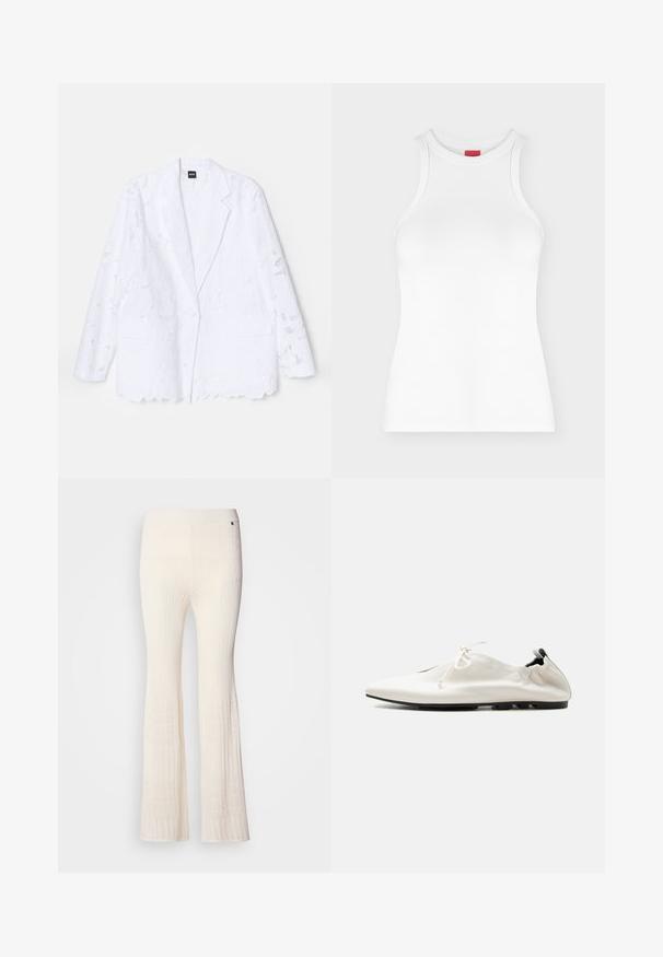 Hvid blazer med blomstret blonderedesign, enkeltknaplukning, spidse klapper, to frontlommer og bølget kantdetalje.; Hvid ærmeløs ribbet tanktop med høj rund hals og tætsiddende pasform vist på en ensartet lys baggrund.; Ribbet, cremefarvede strikkede bukser med flagrende ben og et tekstureret blondermønster ved den nedre kant. Blødt materiale med et tætsiddende liv.; Hvid minimalistisk lædersko med indstukket hæl, snørelukning og tynd sort sål på ensfarvet baggrund.