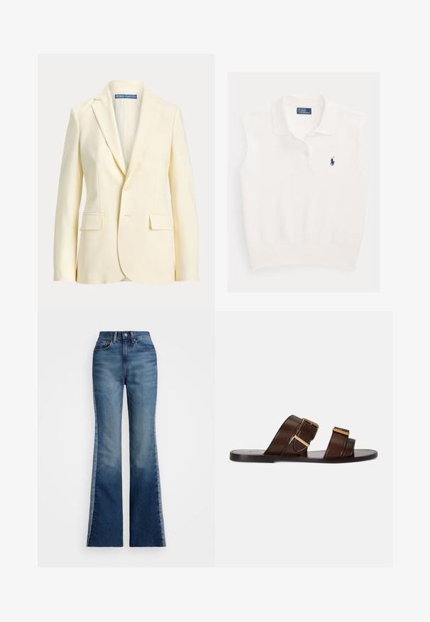 Blazer crème pour femme à un bouton, avec revers crantés et poches avant à rabat, marque Polo Ralph Lauren.; Polo blanc sans manches avec col, deux boutons, et logo joueur de polo Ralph Lauren bleu marine sur la poitrine gauche.; Polo Ralph Lauren FLARE JEAN - Jean flare - boyne wash; Sandales mule en cuir marron avec deux larges brides à boucles couleur or, une semelle plate et des détails de couture minimalistes.