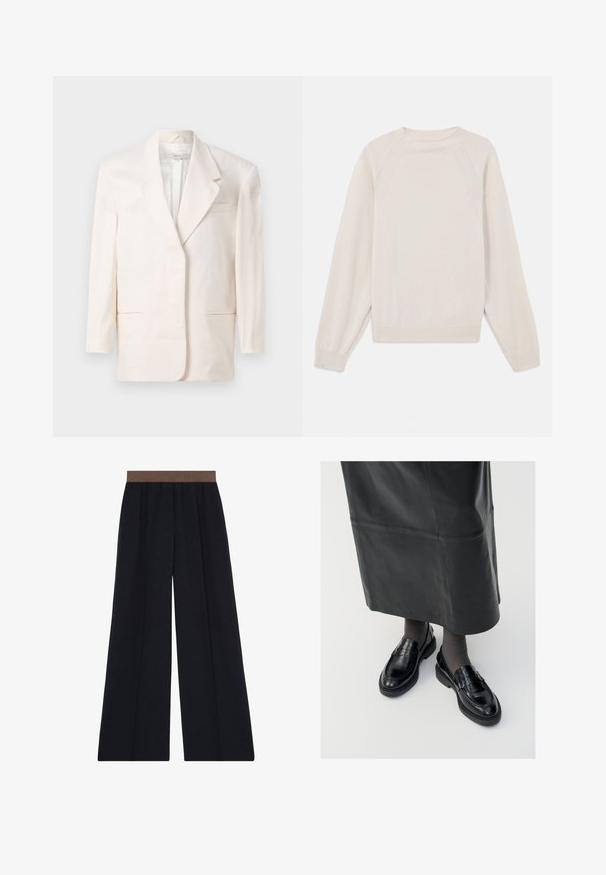 Een crème blazer met één knoop, voorzien van een notch-kraag en voorzakken, hangend tegen een effen witte achtergrond.; Lichtcreme trui van zacht, gebreid stof. Heeft een ronde hals, lange mouwen en geribde manchetten en zoom met raglanmouwen.; Zwarte wijde broek met een bruine elastische tailleband en voorplooi details, weergegeven op een witte achtergrond.; Zwarte leren loafers met een gladde afwerking, voorzien van een decoratieve band, ronde neus en gestructureerde zool. Draagt met een lange zwarte leren rok.
