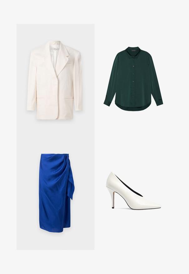 Een crème blazer met één knoop, voorzien van een notch-kraag en voorzakken, hangend tegen een effen witte achtergrond.; Donkergroene langslagt-shirt van gladde stof met een puntig kraag, voorkant met knoopsluiting en afgeronde zoom.; Blauwe midirok met een gedrapeerde strik aan de zijkant en een gladde, vloeiende stof, afgebeeld tegen een effen achtergrond.; Witte pump met een spits toelopende neus, een slanke naaldhak en een gladde leren afwerking.