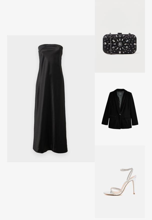 Blazer en velours noir avec un revers cranté, fermeture à un bouton, deux poches avant et doublure intérieure lisse. Coupe ajustée et texture douce.; Robe maxi noire sans bretelles en satin, avec un design simple, une texture lisse et une silhouette fluide.; Sandale à talons hauts en argent avec des fines lanières, ornée de strass, présentant un design épuré et un bout pointu.; Pochette noire de forme rectangulaire, ornée de divers strass disposés en motifs floraux, dotée d'une chaîne en argent pour le transport.