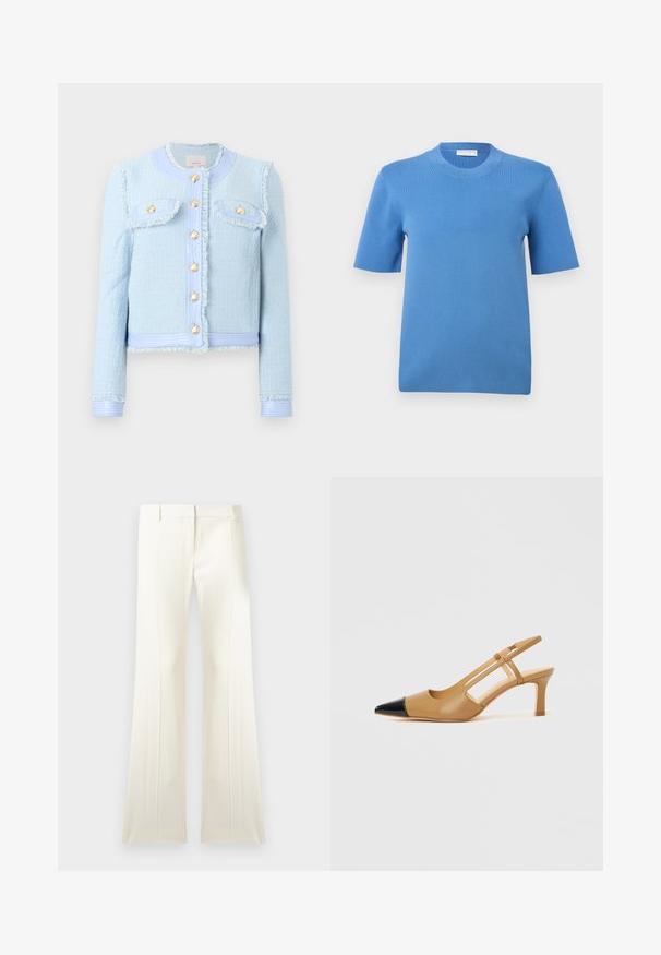 Veste en tweed bleu clair texturée avec boutons dorés, deux poches avant à rabat, bordure à franges et manches longues.; Haut en maille bleu à manches courtes et col rond, avec une texture fine, présenté sur un fond blanc uni.; Pantalon blanc taille haute, à jambes larges, avec plis sur le devant, passants pour ceinture et fermeture éclair dissimulée à l'avant.; Escarpins slingback couleur fauve avec embout pointu noir, côtés découpés et talon bloc de hauteur moyenne. Matière en cuir lisse.