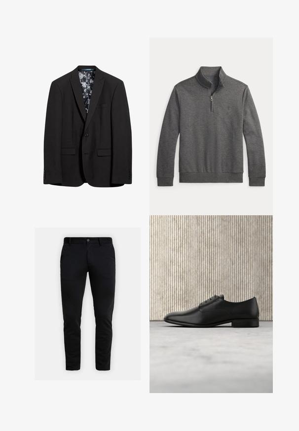 Blazer noir avec une fermeture à bouton unique, deux poches avant et une doublure à motif floral. Texture lisse et coupe ajustée.; Pull gris charbon avec fermeture éclair au quart, col montant, manches longues et poignets et ourlet côtelés.; Pantalon noir ajusté avec passants de ceinture, fermeture à bouton à l'avant et poches latérales, présenté sur fond gris clair.; Chaussure habillée en cuir noir au design épuré, à bout arrondi, avec cinq œillets pour les lacets et un petit talon rehaussé. Détail du logo embossé subtil.