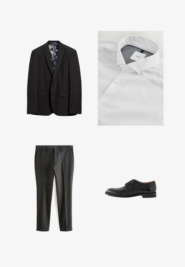 Blazer noir avec une fermeture à bouton unique, deux poches avant et une doublure à motif floral. Texture lisse et coupe ajustée.; Chemise blanche à boutonnière présentant un tissu texturé, un col classique et un intérieur imprimé bleu et or au niveau du col et de l'étiquette.; Pantalons noirs ajustés en tissu lisse, coupe droite, poches latérales et passants de ceinture. Présente des plis marqués le long de la jambe.; Chaussures habillées en cuir noir avec une finition brillante, bout rond et laçage à cinq œillets. Talon plat et détails de design minimalistes.