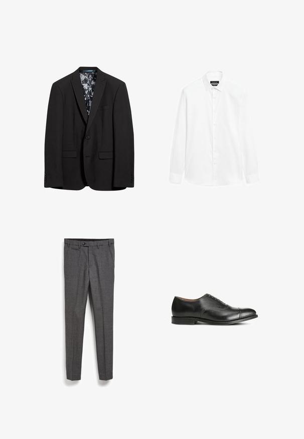 Blazer noir avec une fermeture à bouton unique, deux poches avant et une doublure à motif floral. Texture lisse et coupe ajustée.; Chemise blanche avec un col boutonné, des manches longues et une patte de boutonnage à l'avant. Le tissu semble lisse avec un léger éclat.; Pantalons gris ajustés en tissu texturé, avec une poche avant et une coupe droite. Dotés d'une fermeture à bouton à la taille.; Chaussure habillée en cuir noir avec une finition lisse, un bout rond, cinq œillets pour les lacets et un petit talon empilé. Présente des détails de couture subtils.