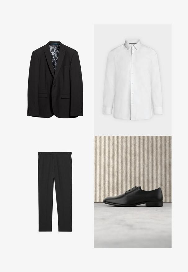 Blazer noir avec une fermeture à bouton unique, deux poches avant et une doublure à motif floral. Texture lisse et coupe ajustée.; Chemise blanche à manches longues avec col à pointes et poignets boutonnés, présentée de face sur fond gris clair uni.; Pantalon gris foncé en tissu texturé, avec deux poches avant et deux boutons à la taille pour la fermeture. Design à l'avant plat.; Chaussure habillée en cuir noir au design épuré, à bout arrondi, avec cinq œillets pour les lacets et un petit talon rehaussé. Détail du logo embossé subtil.