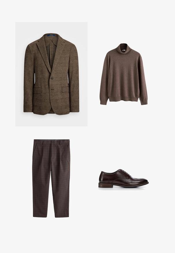 Braun kariertes Sakko mit Spitz- Revers, zwei Vordertaschen und einem Knopfverschluss. Der strukturierte Stoff verleiht dem Design Tiefe.; Brauner Rollkragenpullover aus weichem Stoff. Hat lange Ärmel und eine lockere Passform, mit geripptem Kragen und Saumdetails.; Braune Herrenanzughose mit dezentem Karomuster, Knopfverschluss, Seitentaschen und Gürtelschlaufen, flach auf weißem Hintergrund liegend.; Dunkelbrauner Herrenschuh aus Leder mit Brogue-Details und niedrigem Holzabsatz, Seitenansicht auf weißem Hintergrund.