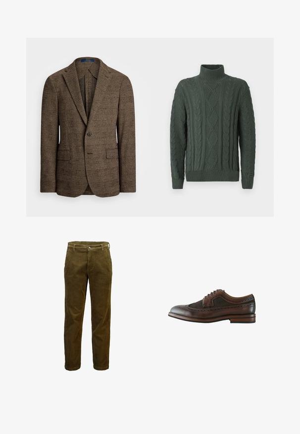 Blazer à carreaux marron avec un col cranté, deux poches avant et une fermeture à un bouton. Le tissu texturé ajoute de la profondeur au design.; Pull à col roulé en tricot torsadé vert foncé avec des motifs en losanges et en tresses, finitions côtelées aux manches et à l'ourlet.; Pantalon en velours côtelé marron avec bouton et fermeture éclair devant, passants de ceinture et coupe droite.; Chaussure brogue à bout wingtip en cuir marron foncé avec perforations décoratives, fermeture à lacets et semelle en bois avec talon superposé.