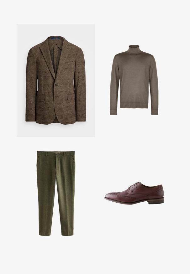 Braun kariertes Sakko mit Spitz- Revers, zwei Vordertaschen und einem Knopfverschluss. Der strukturierte Stoff verleiht dem Design Tiefe.; Brauner Rollkragenpullover aus glattem Stoff, mit passendem Kragen, langen Ärmeln und gerippten Bündchen und Saum.; Grüne Tweed-Hosen mit einem Fischgrätmuster, mit Knopfverschluss, Gürtelschlaufen und seitlichen Taschen. Glatte Textur, taillierte Passform.; Brauner Lederschuh für Herren mit Brogue-Details, Schnürsenkeln und niedrigem gestapeltem Absatz, von der Außenseite auf weißem Hintergrund gezeigt.