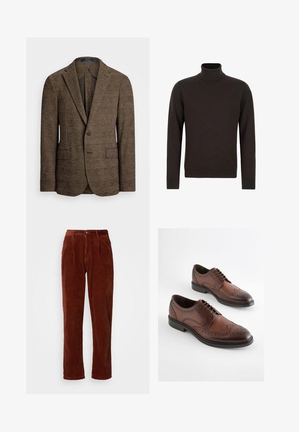 Braun kariertes Sakko mit Spitz- Revers, zwei Vordertaschen und einem Knopfverschluss. Der strukturierte Stoff verleiht dem Design Tiefe.; Dunkelbrauner Rollkragenpullover mit langen Ärmeln, gerippten Bündchen und Saum, aus weichem Strickstoff.; Cordhosen in einer satten Brauntönung; mit einer gefalteten Vorderseite, geraden Beinen und einem Knopfverschluss am Bund.; Braune Brogue-Lederschnürschuhe mit perforierten Details und schwarzen Sohlen, nebeneinander auf weißem Hintergrund dargestellt.