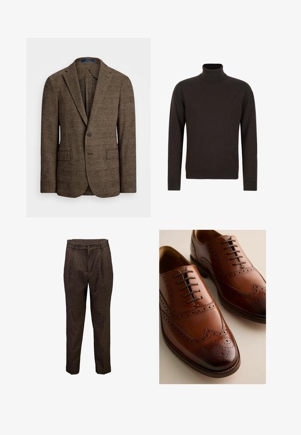 Bruine geruite blazer met een notch-lapel, twee voorzakken en een knoopsluiting met één knop. Gestructureerde stof voegt diepte toe aan het ontwerp.; Donkerbruine coltrui met lange mouwen, geribde manchetten en zoom, gemaakt van zachte gebreide stof.; Bruine wollen herenhosen met voorplooien, knoopsluiting en riemlussen, getoond tegen een witte achtergrond.; Gepolijste bruine leren Oxford schoenen met brogue-details en gesloten vetersluiting op een lichte ondergrond, zichtbaar van voor- en zijkant.